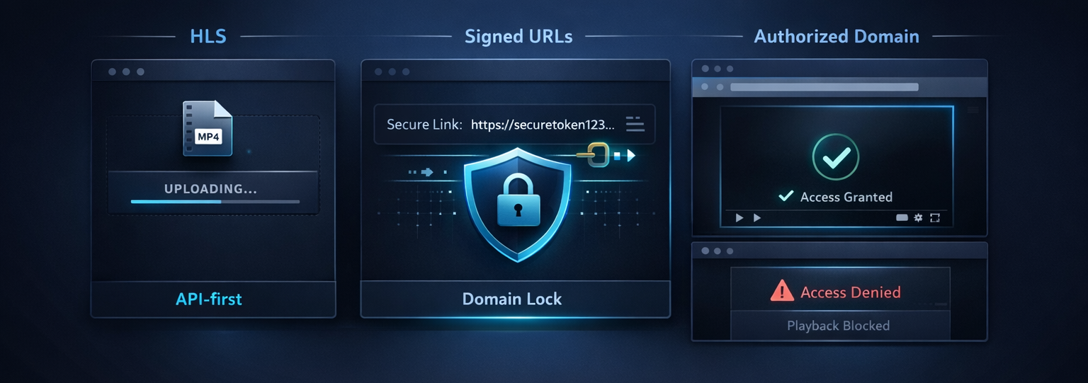 Security workflow showing HLS, signed URLs, and authorized domain playback